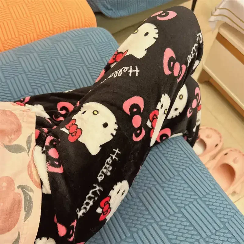 Halloween Thicken Hello Kitty Pajama Pants Sanrio Anime Fleece Double Elastic Fabric Soft Women Trousers Cartoon Birthday Gift - Image 3