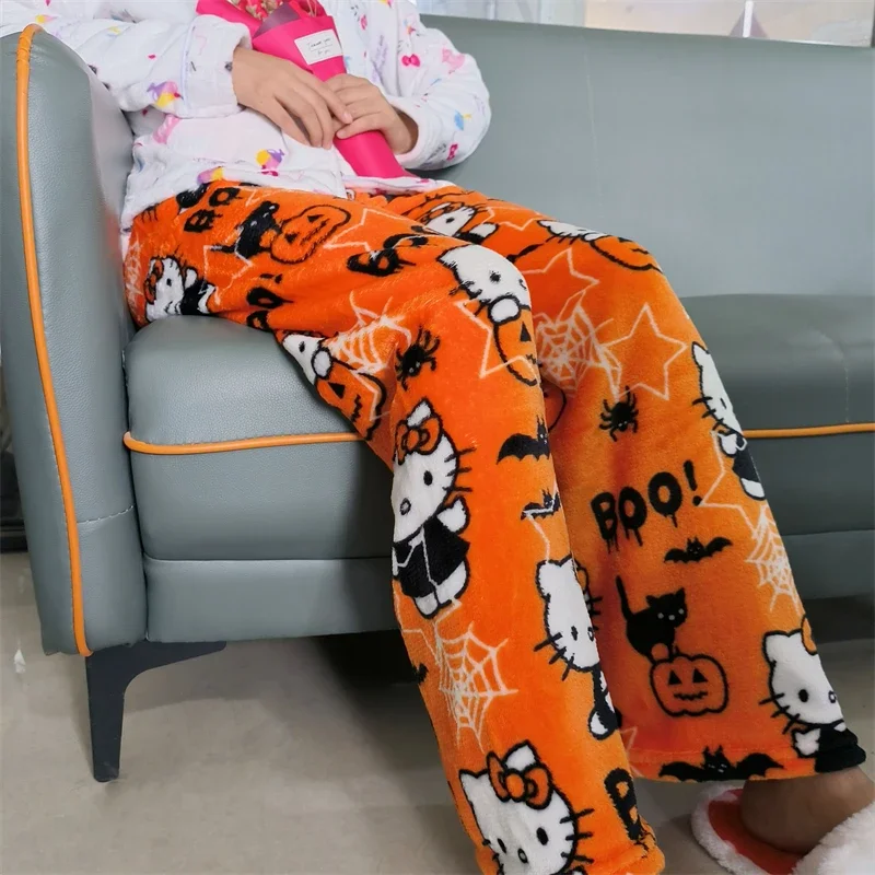 Halloween Thicken Hello Kitty Pajama Pants Sanrio Anime Fleece Double Elastic Fabric Soft Women Trousers Cartoon Birthday Gift